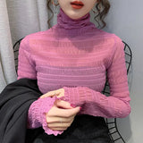 Women See Through Transparent Mesh Tops Long Sleeve Sheer Slim Ladies