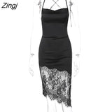 Lace Patchwork Backless Midi Dress Women Black Sexy Lace Up Skinny Dress Clubwear Fashion Satin Bandage Vestidos