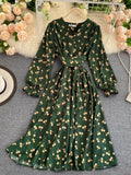 Women Red/Yellow/Green Printed Midi Dress Vintage V-Neck Flare Long Sleeve High Waist A-Line Vacation Bandage Vestido