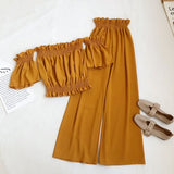 2021 New Summer Women Casual Solid Color Off Shoulder Short Tops+Elastic Waist Wide Leg Long Pants Sexy Two Piece