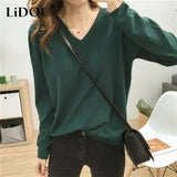 Autumn Basic Solid V-neck Knitting Pullover Ladies Elegant Fashion All-match Sweater Female Loose Casual Jumper Top