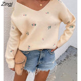 Casual Loose Flower Knit Bottoming Sweaters V-Neck Full Sleeve Sweater Pullovers 2022 New Cotton Pullover Sweater