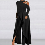 Women's O-neck Hollow Off Shoulder Jumpsuit Autumn Long Sleeve High Waist Wide Leg Romper Casual Loose Solid Commuter