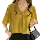 Summer New Korean Loose 4XL Ladies' Tops Short Sleeve Solid Color Blouse Pink Elegant Ruffle Chiffon Blouse Women
