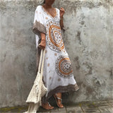 Indie Folk Printed Caftan Beach Dress Side Split Half Sleeve Women Summer Beachwear Long Cotton Robe de plage