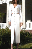 Winter Long Sleeve Maxi Bandage Dress Sexy White V-Neck Hollow Out Diamond Button Dress Evening Club Celebrity Party