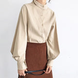 Lantern Sleeve Blouse Women Spring Fashion Single Breasted Stand Collar Shirts Female Office Work Blouse Solid White
