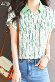 Fashion Women Shirts V-Neck Print Vintage Top Button Up Shirt Short Casual Shirts Summer 2023 Ladies Tops OL Womens