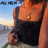 Y2K Vintage Cute Black Lace Bustier Top Egirl Streetwear Backless Spaghetti Strap Cropped Tanks Sexy Outfits