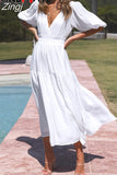 Women's Dress 2023 White Puff Sleeve A-line Deep V Neck Dress Sexy Beige Casual Long Vintage Elegant Black Midi