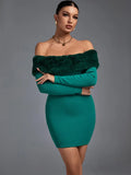 Sleeve Bandage Dress Green Bodycon Dress Evening Party Elegant Sexy Off Shoulder Birthday Club Outfit 2022 Autumn