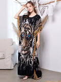 Elegant Tiger Printed Long Dreen Women Summer Tassel Batwing Sleeve Dress Beach Wear Long Robe de plage