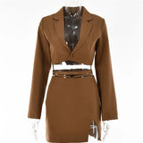 Fall Two Piece Cropped Blazer Skirt Set 2 Piece Sets Womens Outfit Skirt Femme Button Notched Lace Up Matching