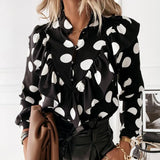 Leopard Dot Print Ruffle Blouse Shirt Spring Long Sleeve Women Shirts Elegant Office Lady V-Neck Button Loose Tops