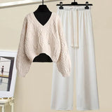 Winter 3 Piece Sets For Women Outfits Korean Casual Basic Top+hollow Out Knitted Sweater+drawstring Pant Sets Women