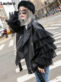 Autumn Short Black Oversized Lace Patchwork Leather Biker Jacket Long Sleeve Loose Womans Clothing Fashionable