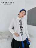 Embroidered Floral White Cotton Button Up Shirt For Women Long Sleeve Designer Top Peter Pan Collar Korean
