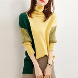 Winter Women's High Collar Patchwork Irregular Sweater Lady Elegant Fashion All-match Knitting Pullover Bottoming