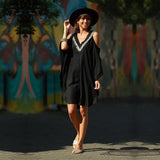 Sexy Cold Shoulder V Neck Bats Sleeve Loose Summer Beach Dress Plus Size Women Beachwear Kaftan Black Dress