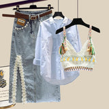 Outfits For Women 2023 Fashion Boho Knitted Vest+long Sleeve Sunscreen Blouse+side Split Pearl Beading Denim Skirts