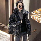 New Hooded Glossy Winter Down Cotton Padded Jacket For Women Thick Bright Black Shiny Jacket black Parkas fashion
