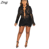Holes 2 Piece Sets Womens Outfits Sexy Solid Hollow Out Long Sleeve Lace Coat Top + Shorts Summer