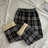 Fashion Warm Plush Pants Thick Plaid Women Winter Casual Loose Wide Leg Trousers Korean Streetwear Straight Student