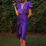 Women Solid Elegant V-neck Ruched Puff sleeves Midi Sexy Party Purple work