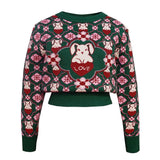 Christmas Retro Dark Green Flower Jacquard Rabbit Sweaters Women Streetwear Crop Y2K Tops Winter Long Sleeve Kawaii