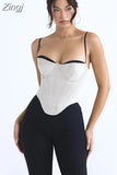 Thick Satin Bustier Corset Crop Top with Chest Pads Spaghetti Strap White Bodycon Top Summer Women Tops with
