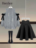 Winter Two Piece Sets Womens Outfit For Women Off The Shoulder Bow Diamond Knitted Sweater And Pleated Skirts Sets 4XL