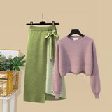 Women Autumn Winter Warm Knitted Two Pieces Sets Korean Long Sleeve Pullover Sweater Top And High Waist Skirts
