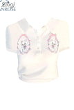 Women Tees Y2k Cropped Tops Tees Girl Cute Sexy Clothing Streetwear Short Sleeve Polo-neck Kawaii Cat Embroidery T