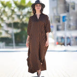 Causal Striped V-neck Button Front Open Summer Beach Dress Blue Tunic Women Plus Size Clothes Maxi Dresses