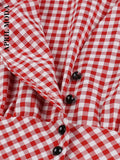 Plaid Vintage Party Dress V-Neck Short Sleeve Summer 50s Rockabilly Dresses Button Front Pinup Shirt Robe De