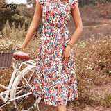 temperament Women SUMMER Dress Floral Print Dress 2022 New Casual Sea Holiday High Waist Short Flying Sleeve Midi