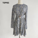 2021 Mini Dress Print O Neck Long Sleeve Belt Sweet Crushed Floral Dress Casual Women Colorful Holiday