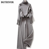 Autumn Winter Thicken Knitted 2 Pieces Set Women Turtleneck Pullover Sweater & Wide Leg Pants 2021 Sweater Set
