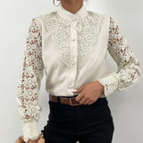Autumn Stand Collar Hook Flower Hollow Out Shirt Ladies Long Sleeve Wild Top Women Elegant Fashion Cardigan Casual