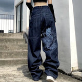 retro street loose embroidered straight-leg jeans women 2023 new casual all-match high-waist mopping wide-leg