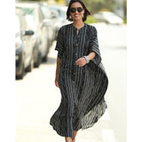 Causal Striped V-neck Button Front Open Summer Beach Dress Blue Tunic Women Plus Size Clothes Maxi Dresses