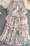 Vintage Floral Ruffle Chiffon Long Dress Women Sexy Slash Neck Off Shoulder Flare Sleeve High Waist A-Line Beach