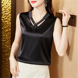 Summer V Neck Solid Youth Shirt Fashion Sleeveless Satin Blouse for Woman Loose Casual Silk Top Blusas Elegant