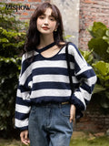 Sexy Sweater Women Autumn Korean Hollow Out Pullover Striped Knitted Tops New Loose Drawstring Feamle Clothing