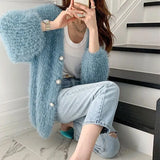 Winter Women V Neck Cardigan Knitted Mohair Sweater Coat Long Sleeve Vest Thicken Crochet