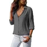 Spring Autumn Sexy Deep V Neck Chiffon Long Sleeve Ladies Work Shirts Casual Slim Button Women's Blouse White Solid