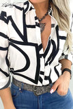 Down Collar Print Shirts Women Fashion Clothes Spring Office Lady Blouse Button Pocket Long Sleeve Tops Mujer