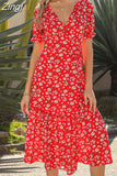 Print Women Summer Dress Chiffon Casual Elegant Split Short Sleeve V Neck Long Dress Boho Beach