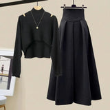 Winter Two Piece Sets For Women Outfits Ladies Elegant Long Sleeve Knitted Sweater And High Waist A-line Pleated Skirt