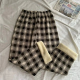Fashion Warm Plush Pants Thick Plaid Women Winter Casual Loose Wide Leg Trousers Korean Streetwear Straight Student
